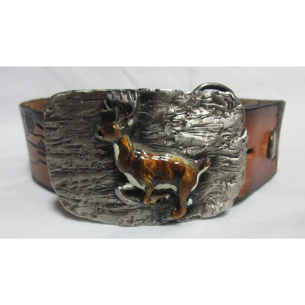 VTG Looper Leather Western Belt Buckle Tooled Belt Adjustable Buck Hunter USA